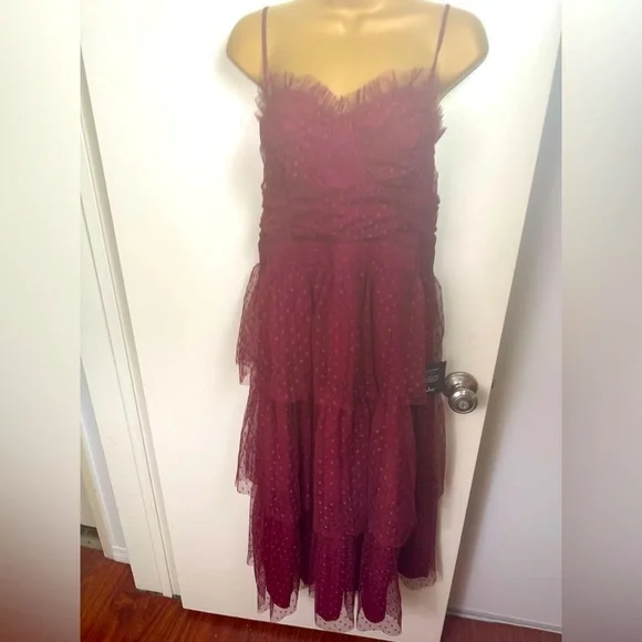 Lulus Burgundy Sweetheart Style Polka Dot Bustier Ruffle Tiered Dress NWT XL Lulus Burgundy Sweetheart Style Polka Dot Bustier Ruffle Tiered Dress NWT XL